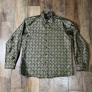BARRY WANG Button Up Shirt Mens XL Black Gold Long Sleeve Party Shiny Formal